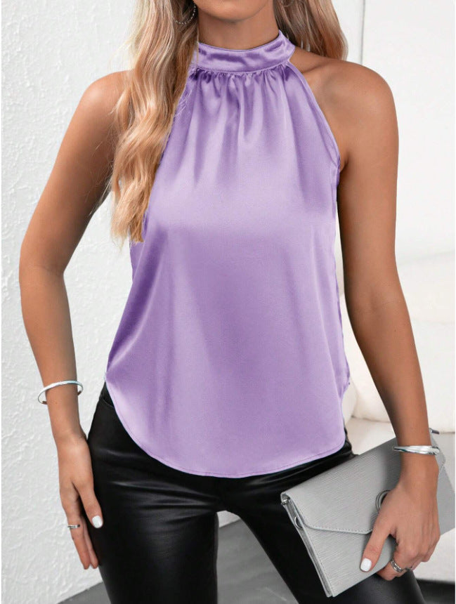 Sommer Satin-Weste Damen Einfarbig Schulterfrei Neckholder Ärmelloses Top