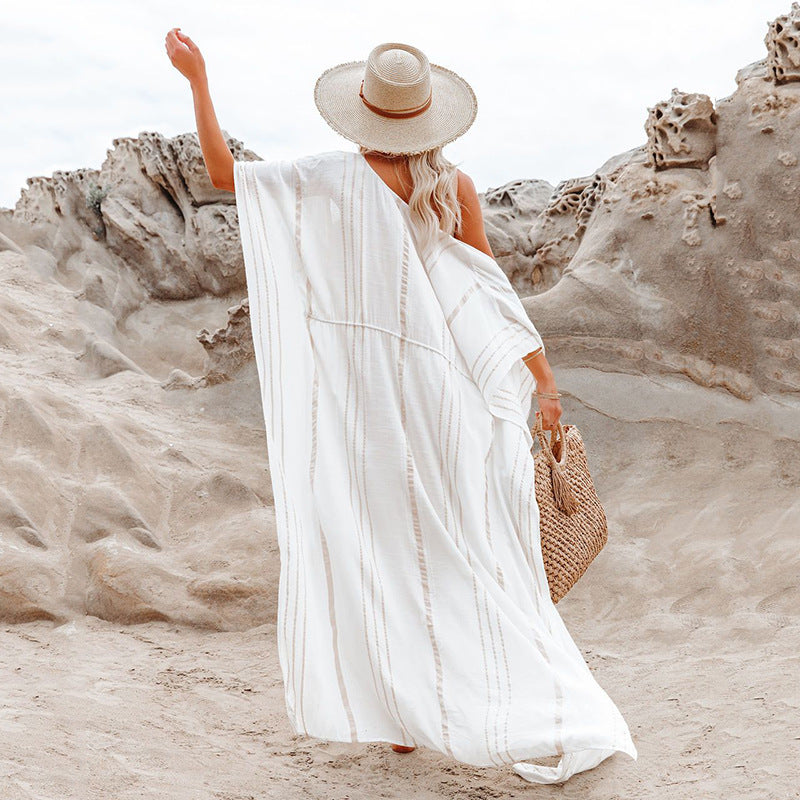 Cardigan rayé asymétrique irrégulier en coton artificiel, chemise de protection solaire pour vacances à la mer, couverture de bikini de plage, vêtement d'extérieur de maillot de bain