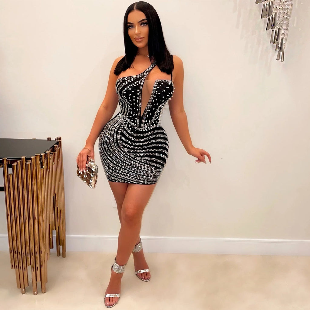 Sommer Damenbekleidung Sexy Enges schräges Schulter-Nachtclub-Strass-Minikleid Glitzer