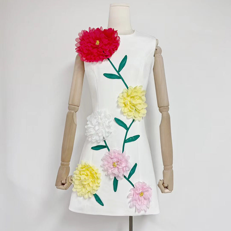 Personalized Minority Chic Short Dress Autumn Patchwork Three Dimensional Floral Design Slim Fit Slimming Dress Women
