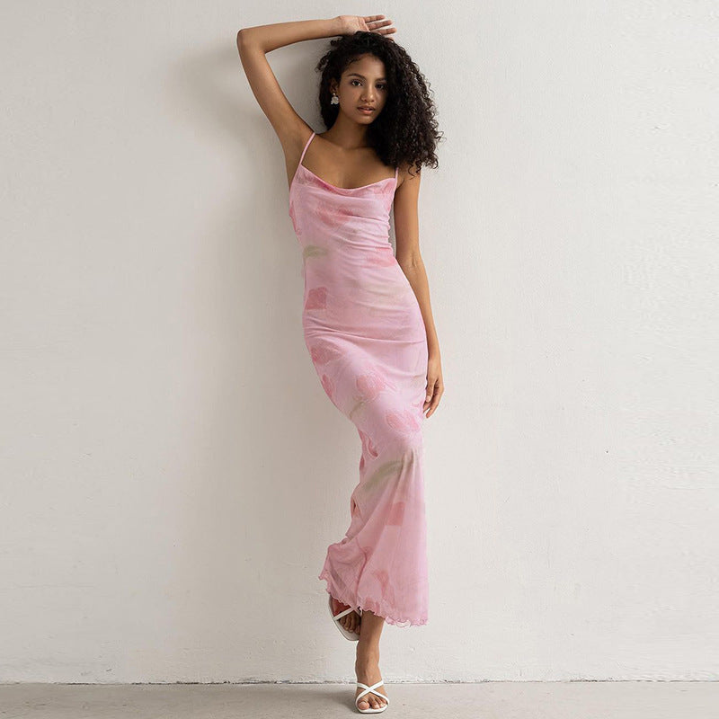 Damenbekleidung Sommer Sexy Süß Scharf Schulterfreies Mesh Blumenmuster Langes Trägerkleid