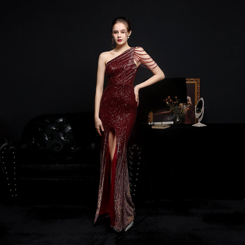 Farbenfrohes Pailletten-Kleid für gesellschaftliche Anlässe, Party, Abendkleid, sexy, lang, schlankmachend, Toastkleid, Braut, formelles Ballkleid