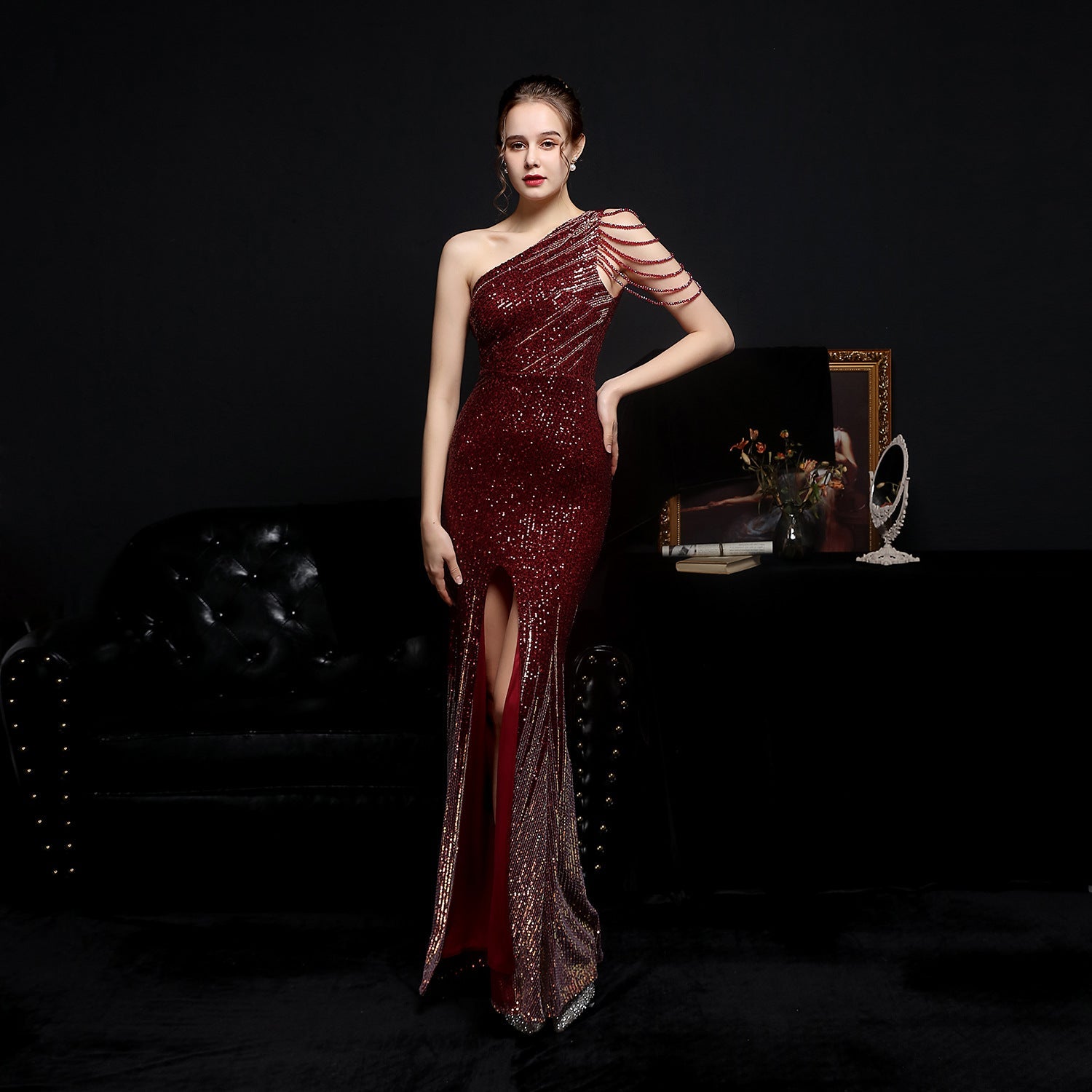 Farbenfrohes Pailletten-Kleid für gesellschaftliche Anlässe, Party, Abendkleid, sexy, lang, schlankmachend, Toastkleid, Braut, formelles Ballkleid