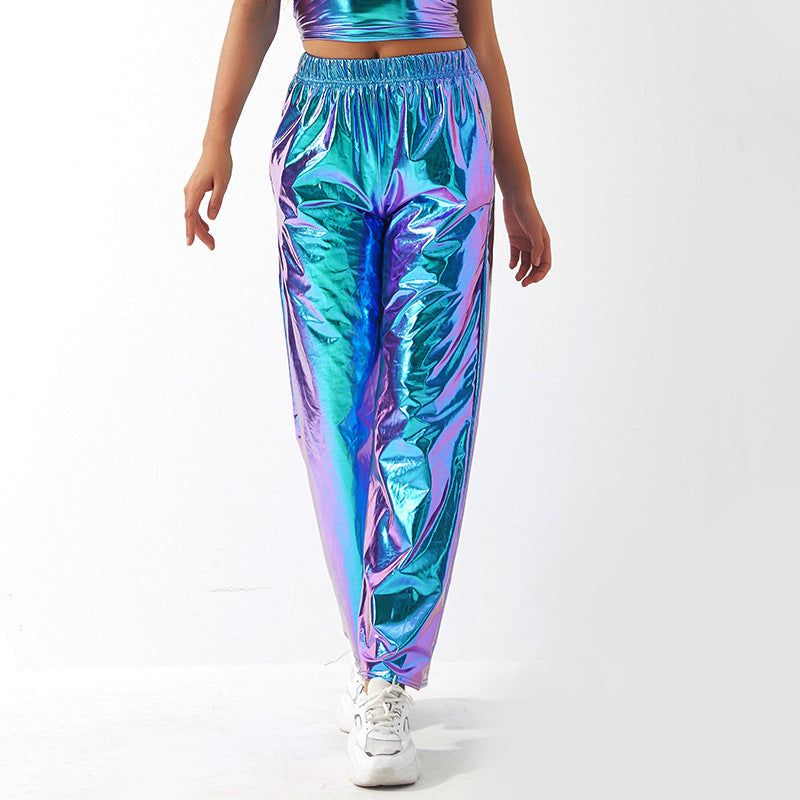 Metallisch beschichtete Stoff Freizeithose Damen High Street Design Aurora Laser Gradient Hohe Taille Gerade Hose All Matching Elastische Mop-Hose