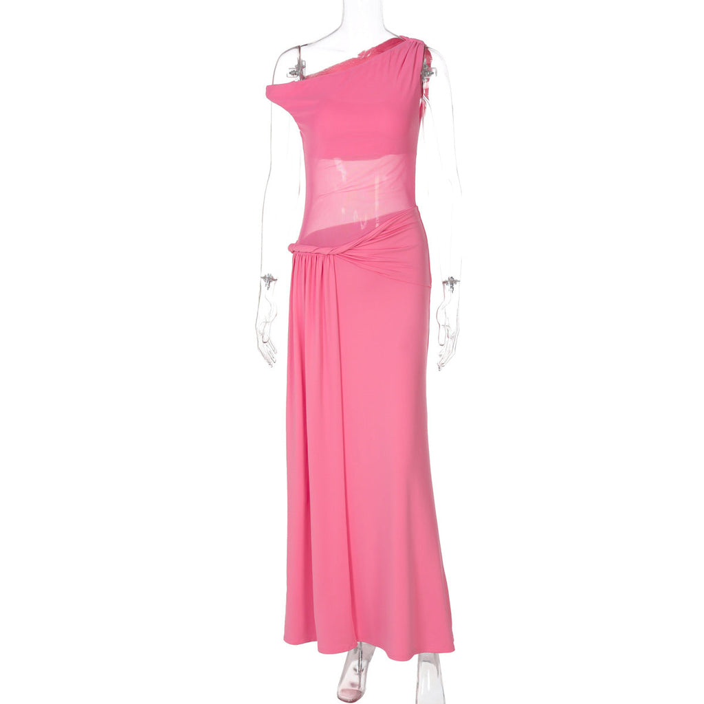 Damenbekleidung Sommer Sexy Taillierter Schlankmachender Mesh-Kleid mit diagonalem Kragen für Damen