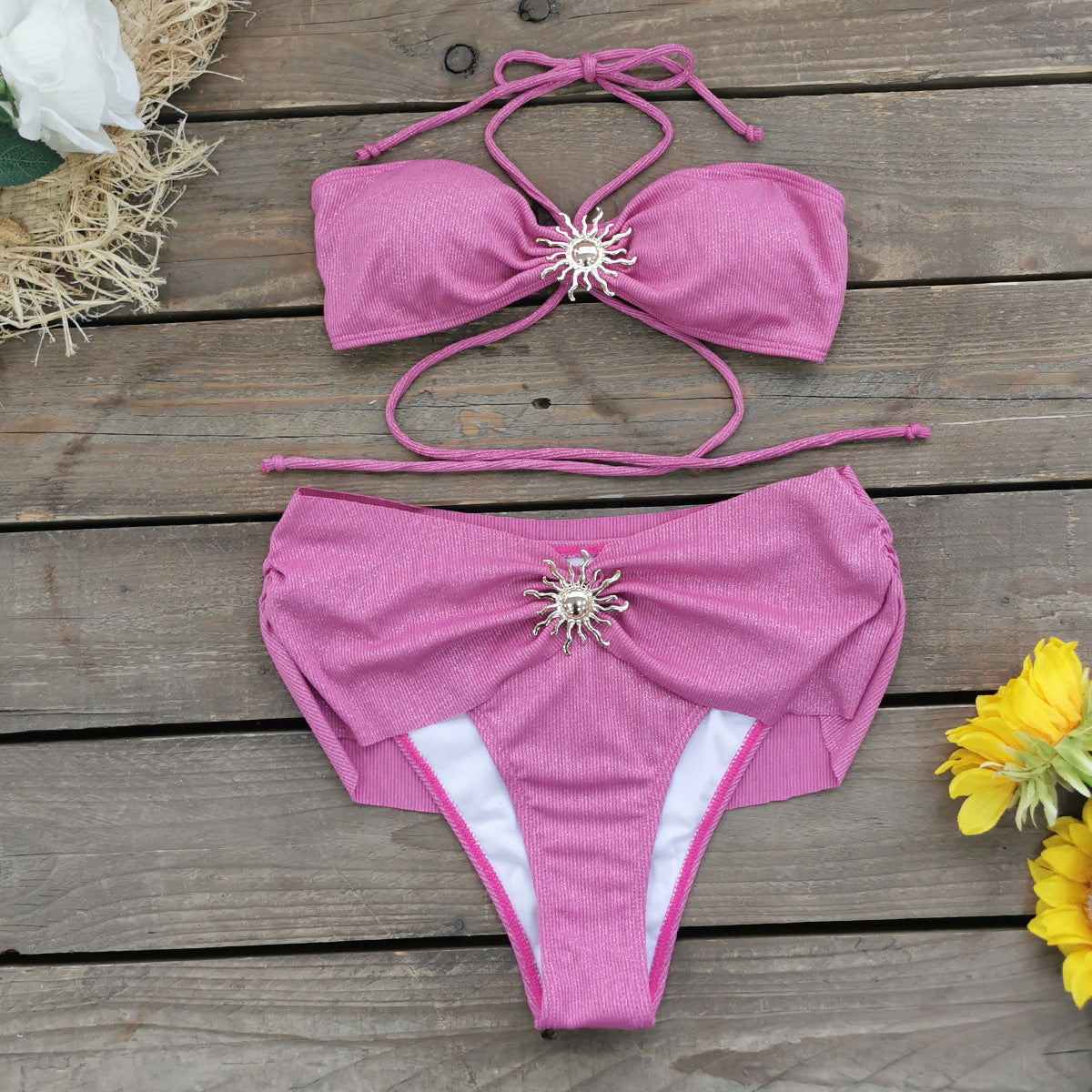 Neckholder Schnür-Tube-Top Einfarbig Geteilter Badeanzug Damen High Waist Bikini Sexy Bikini
