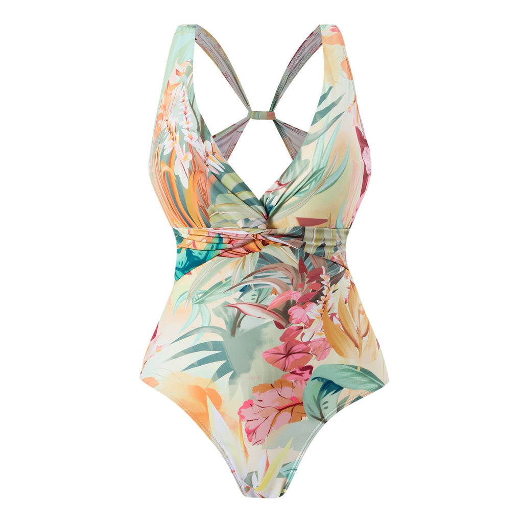 Maillot de bain une pièce femme, coupe conservatrice, imprimé vintage fin, avec coque et jupe en tulle.