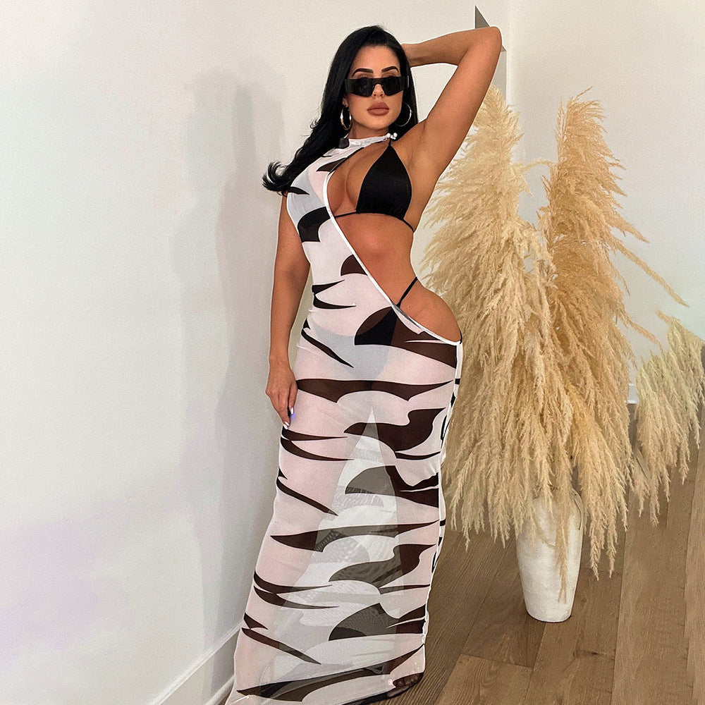 Damenbekleidung Sommer Digitaldruck Unregelmäßiges Asymmetrisches Mesh-Kleid Bikini Dreiteiliges Set