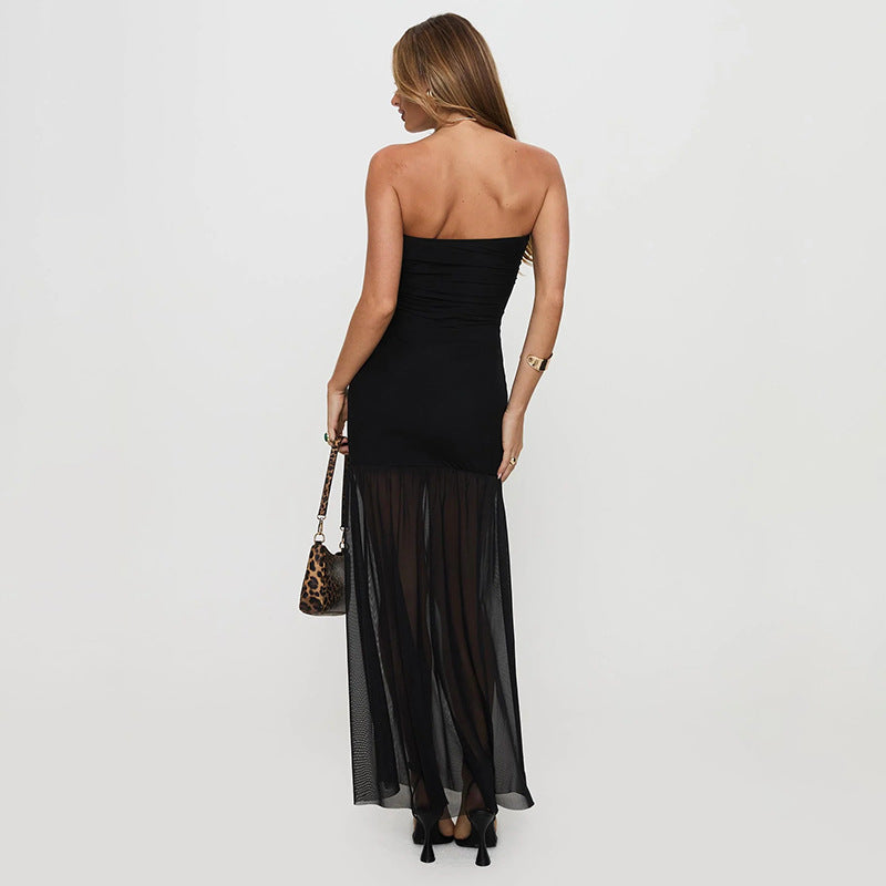 Robe bustier élégante, poitrine enveloppée, sans bretelles, sexy, vacances, hanches enveloppées, maille fendue