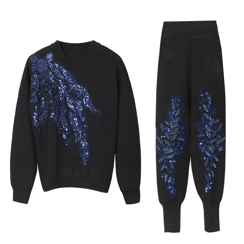 Herbst Winter Eleganter Pailletten Rundhals Langarm Beinformender Zweiteiler Schmaler Schlankmachender Freizeitanzug für Damen