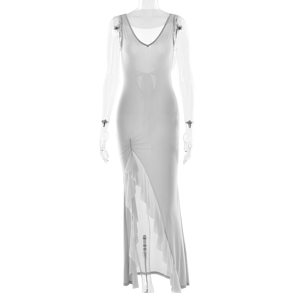 Sommer elegantes Band Damenkleid Sexy rückenfreies Kleid mit hohem Schlitz und Rüschen, figurbetontes Kleid