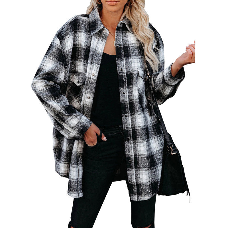 Vêtements Femme Chemise à Carreaux Automne Hiver Mi-Longue Ample Col Revers Cardigan