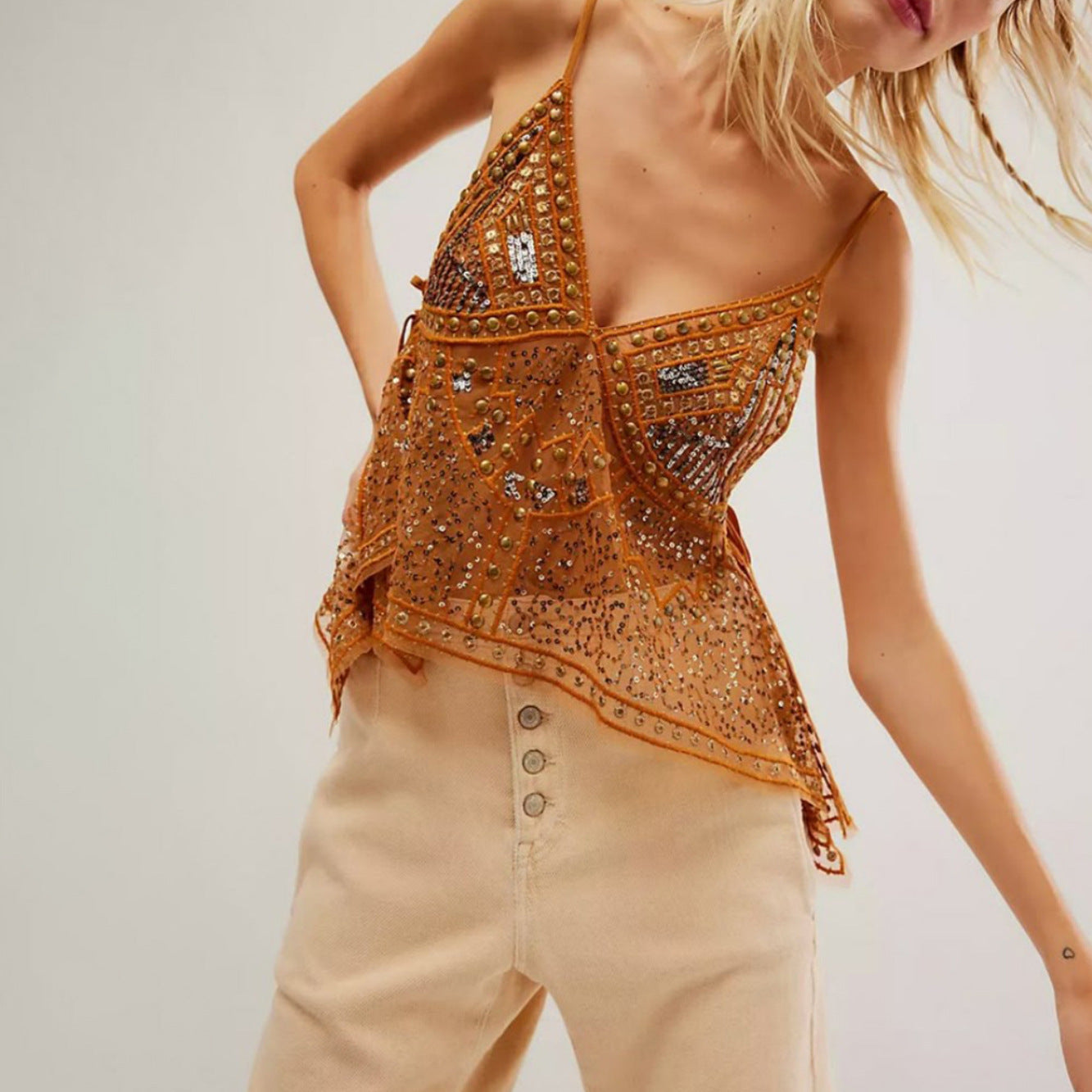 Gilet de plage décontracté dos nu transparent et séduisant, tendance et décontracté, avec strass, protection solaire.