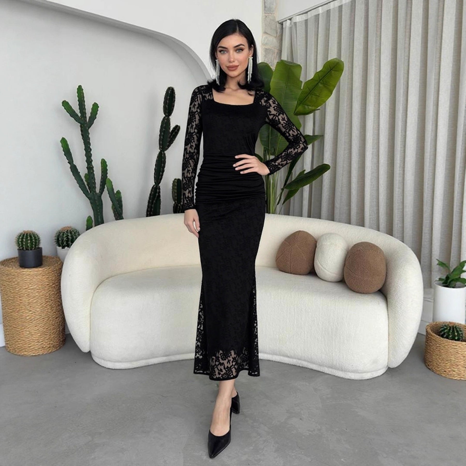 Herbst Winter Damenbekleidung Modisches Elegantes Spitzen-Patchwork-Kleid mit eckigem Kragen, figurbetont und plissiert, Maxi-Kleid