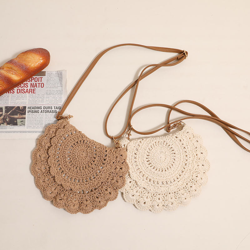 Sac à bandoulière en dentelle en fil de coton tressé creux découpé sac de paille épaule sac de plage vacances sac pour femme