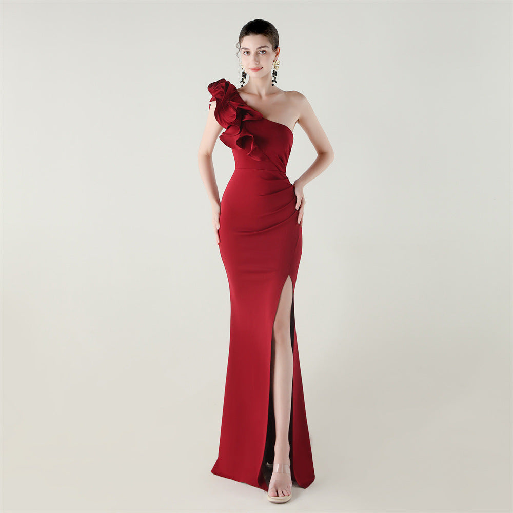 Ein-Schulter-Kleid mit Blumenmuster, Satinstoff, hohem Schlitz, sexy Abendkleid, Dinnerparty, Hochzeit, Gesellschaft