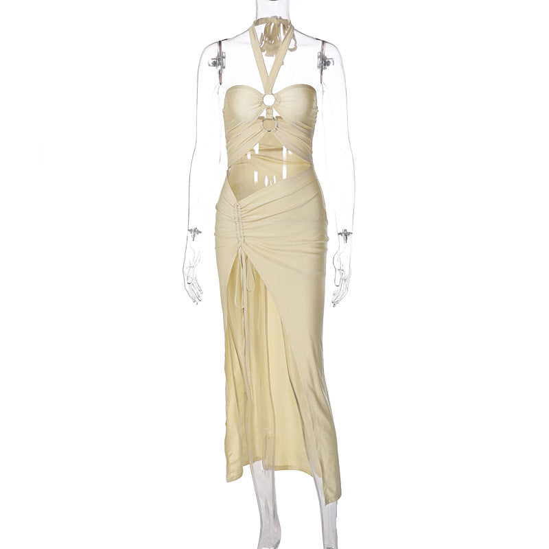 Women Clothing Summer Solid Color Corset Halter Lace up Ring Connection Hollow Out Cutout Slit Dress