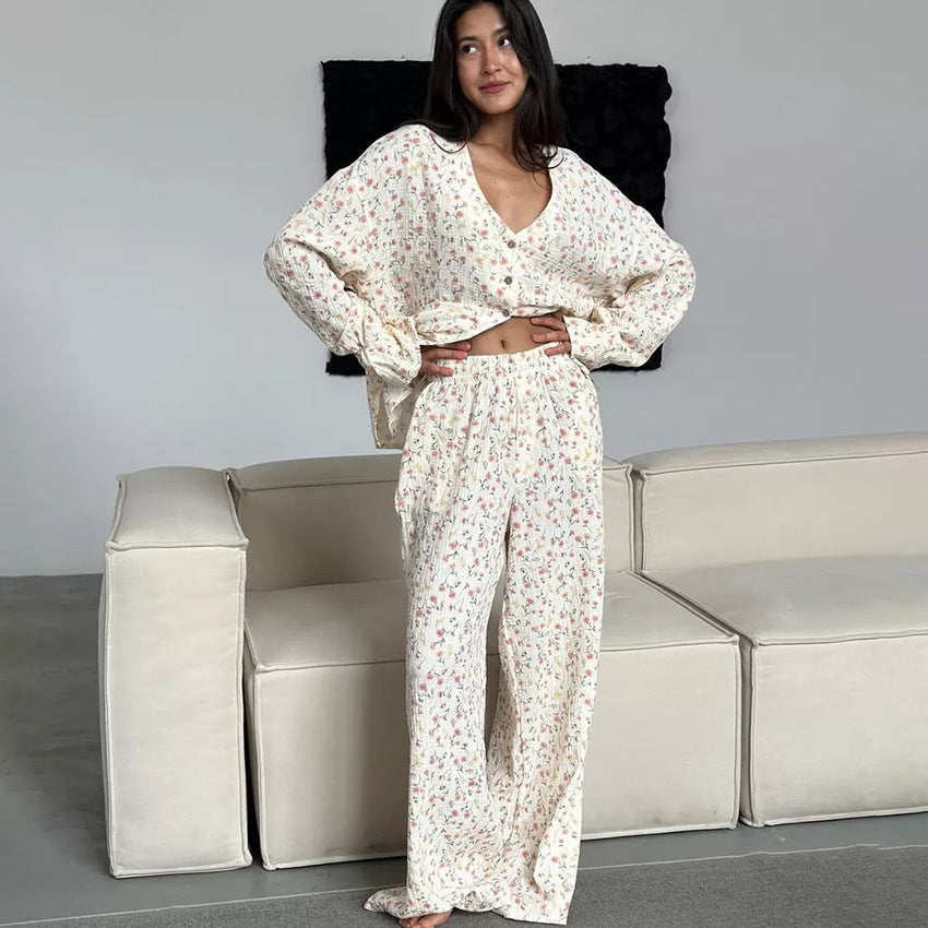 Vêtements d'intérieur amples et confortables Printemps Pur Coton Imprimé Manches Longues Pantalon Pyjama Confortable Femme