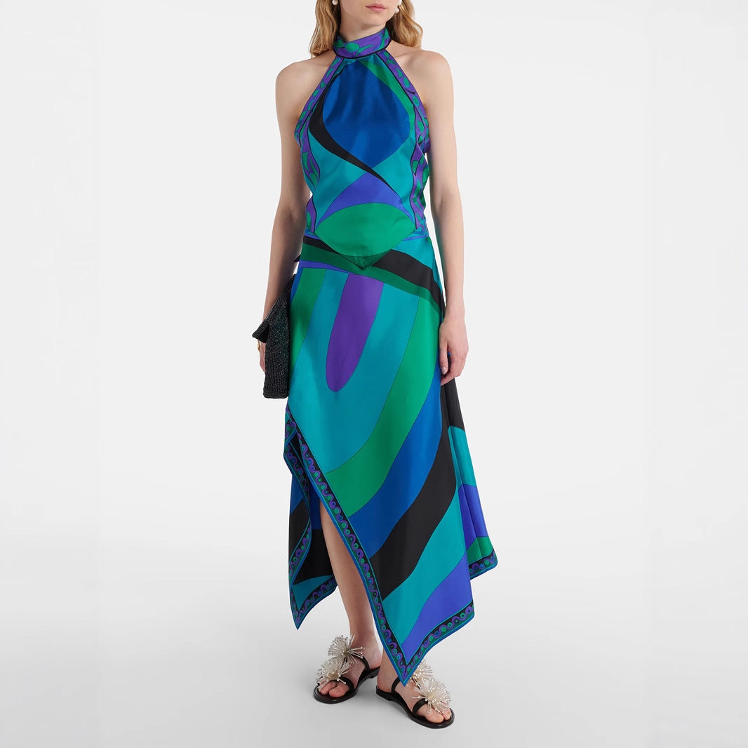 Ensembles Deux Pièces Jupe Asymétrique Irrégulière et Top Cache-Cœur Dos Nu en Satin Imprimé
