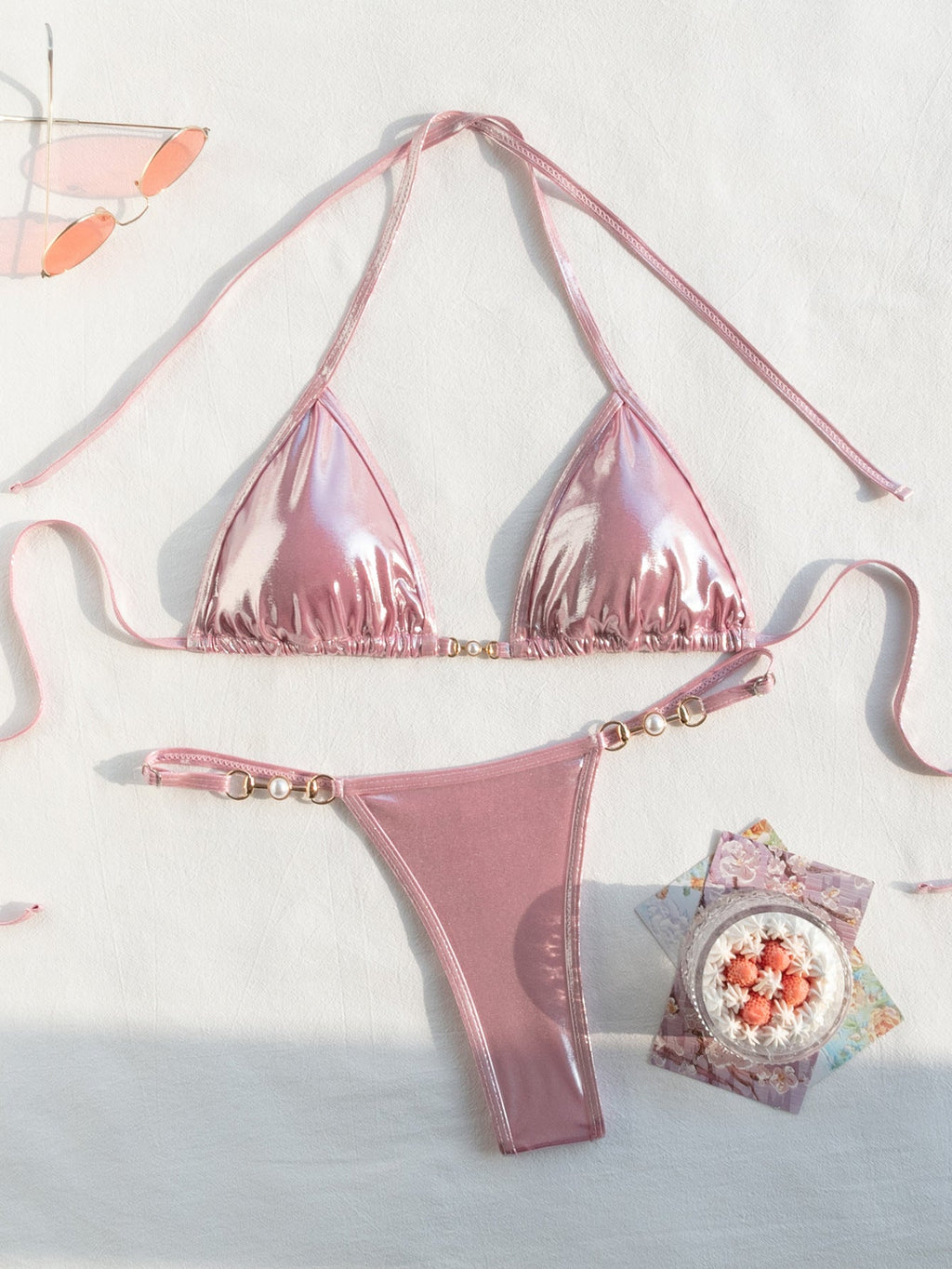 Maillot de Bain Femme Deux Pièces Sexy Dos Nu Ornement Laçage Bikini Triangle