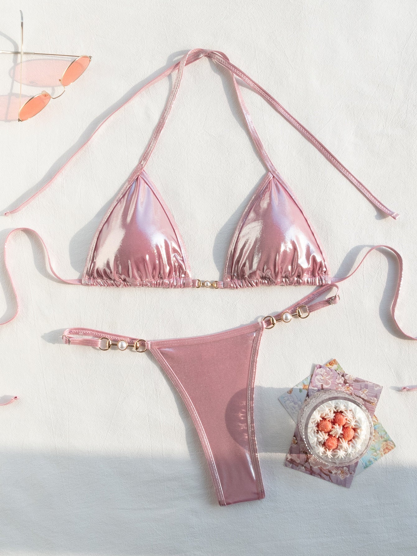 Maillot de Bain Femme Deux Pièces Sexy Dos Nu Ornement Laçage Bikini Triangle
