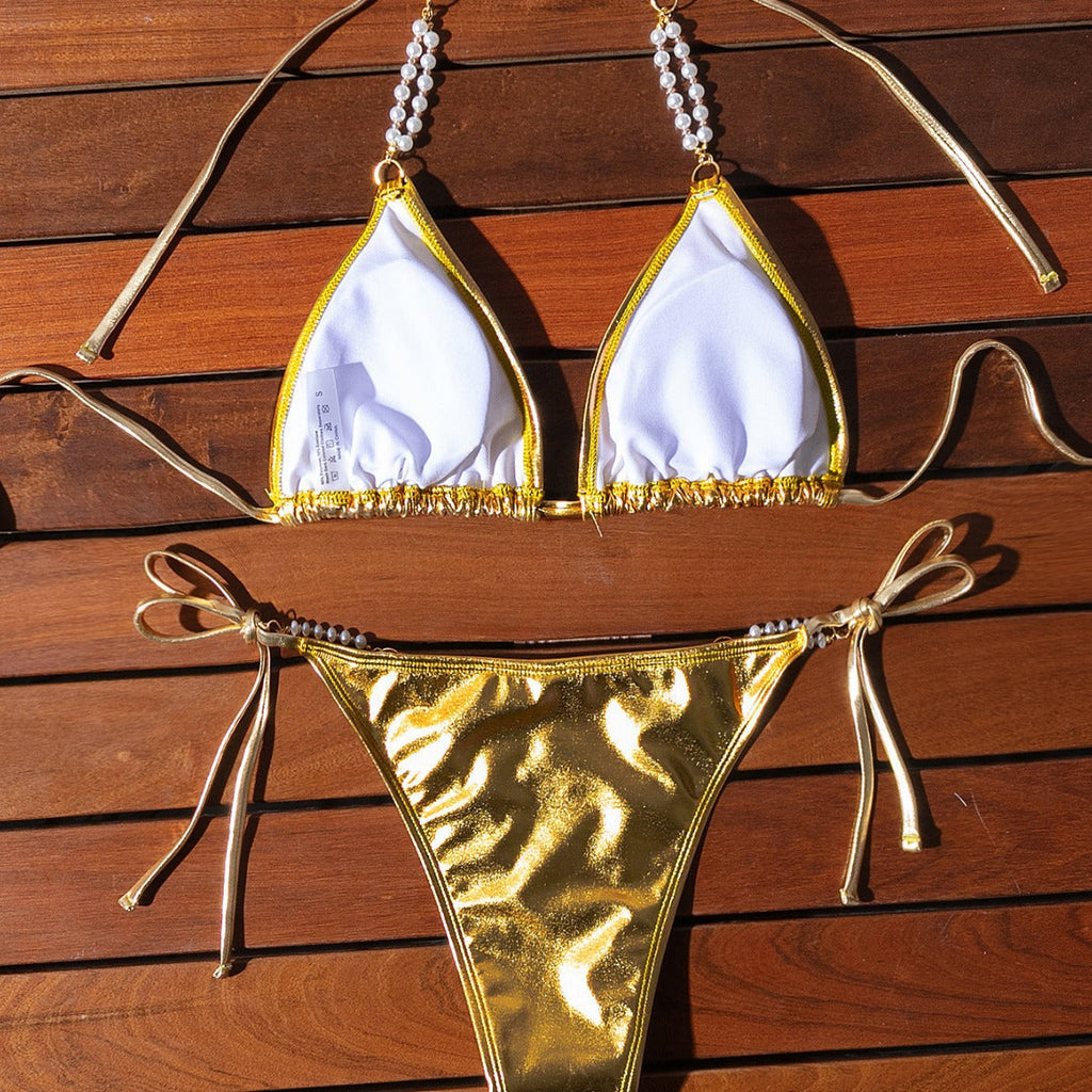 Badeanzug Damen Sexy Rückenloses Neckholder-Bikini Goldenes Oberteil