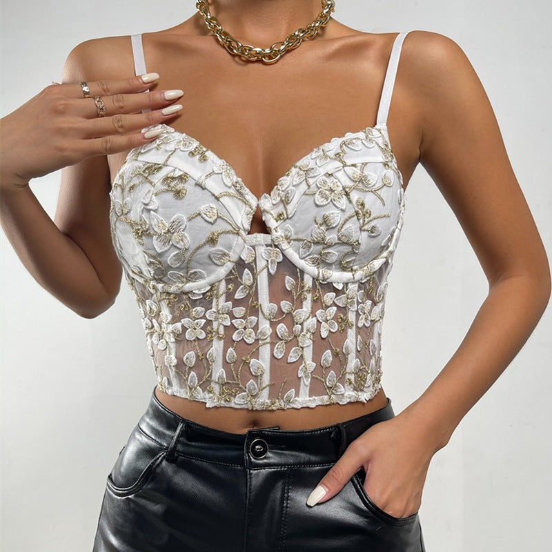 Broderie Florale Taille Sexy Maille Transparente Petit Gilet Femme Corset Désossé Corset Corset