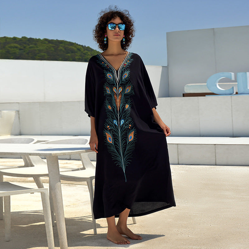 Robe longue de plage ample en coton imprimé, veste, paréo, chemisier
