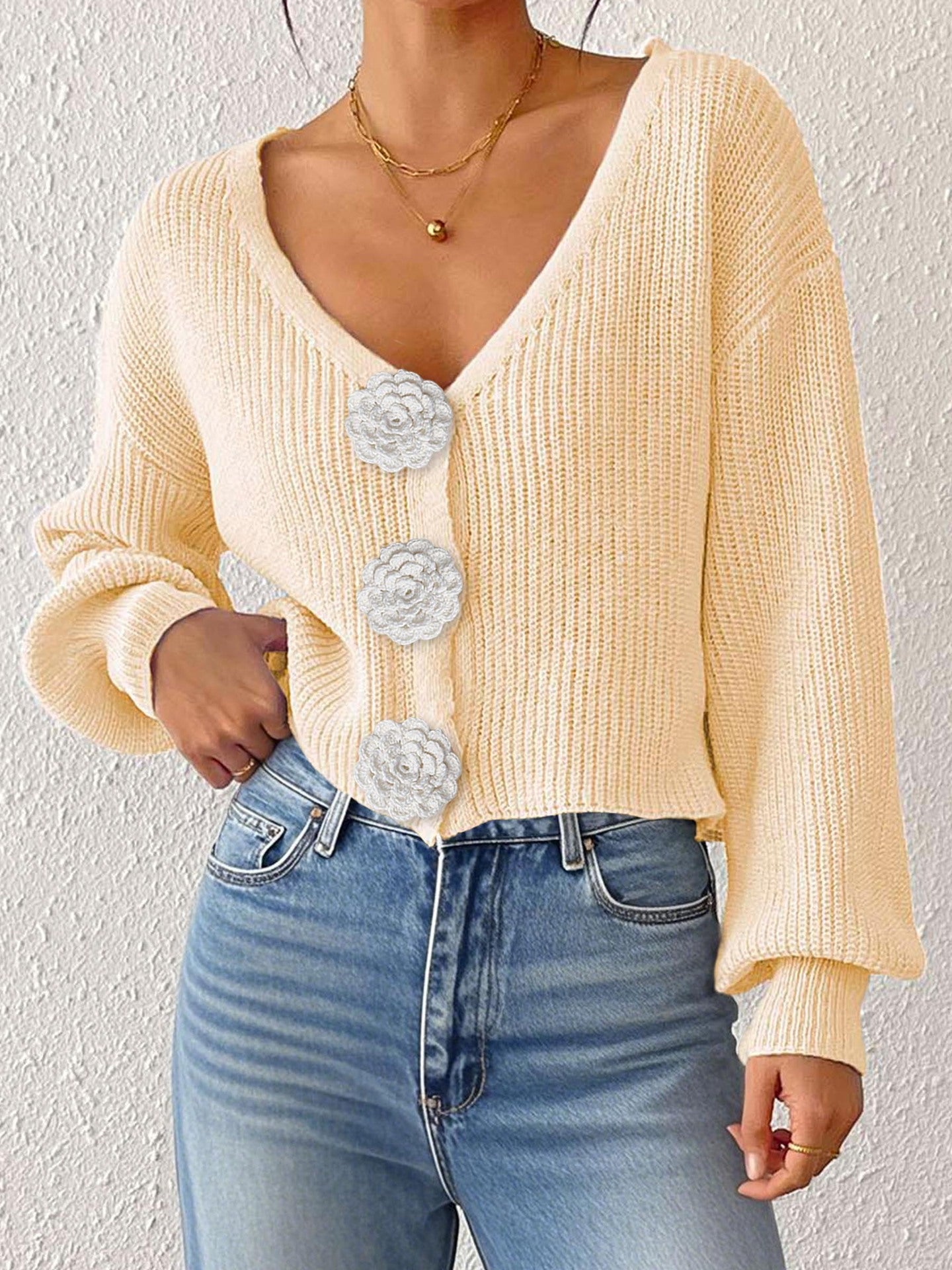Damen Strickpullover Street Hipster Kurzes Oberteil Handgehäkelt Floral Dekorativer Knopf Cardigan Kurze Jacke