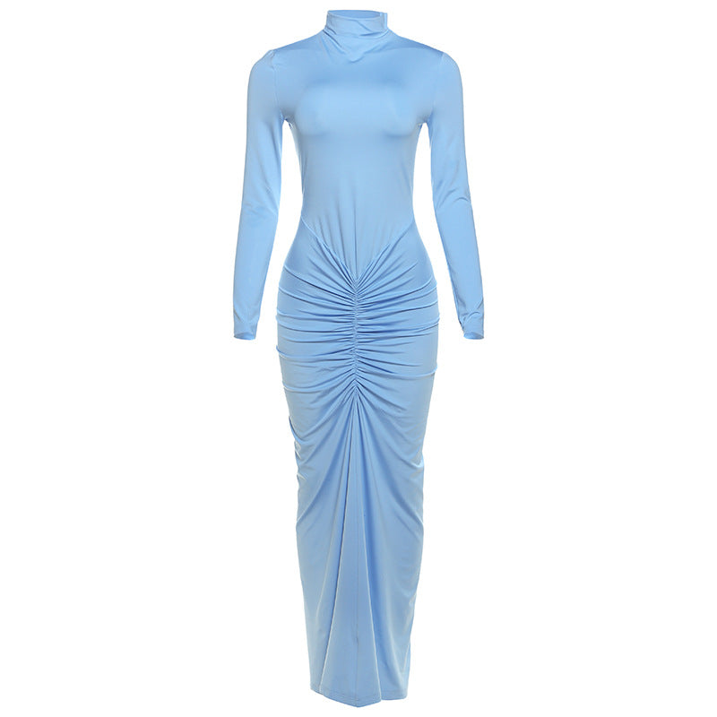Robe élégante à col roulé, manches longues, couleur unie, plissée, amincissante, pour femme, collection automne
