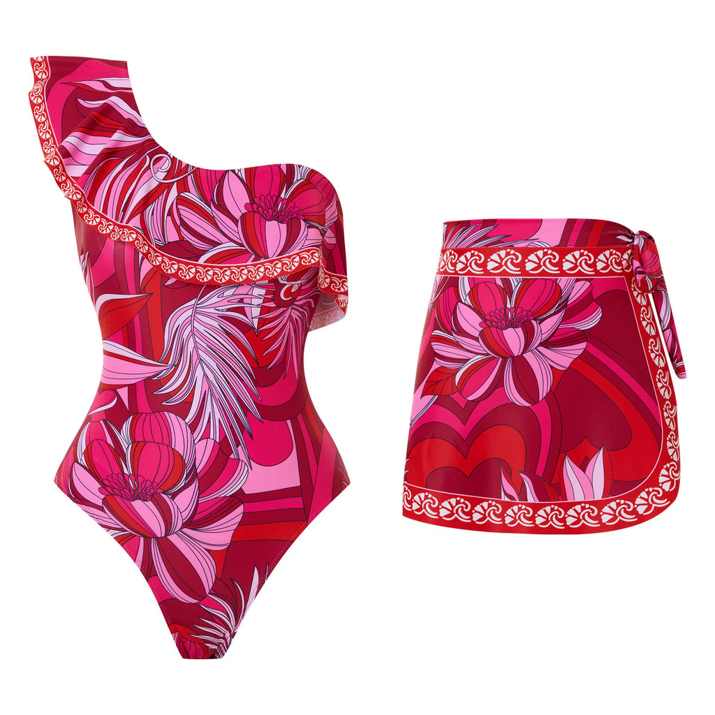 Sexy One-Piece Badeanzug mit Rüschen und Chiffonrock, zweiteiliges Set Bademode