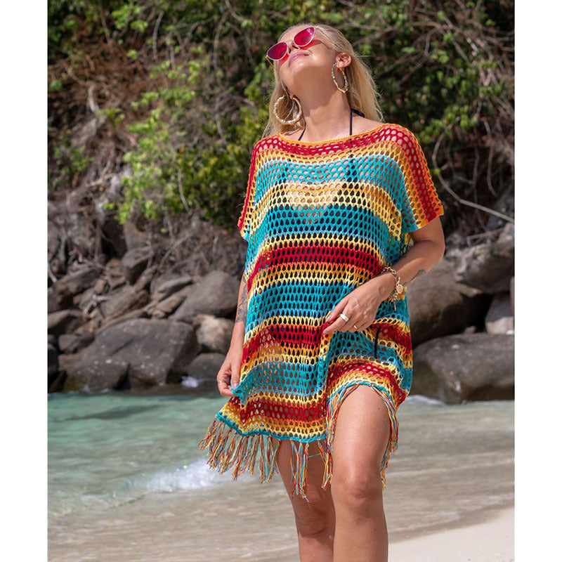 Gestrickte Farbstreifen Quaste Strandkleid Sexy Hohl Ausschnitt Strand Sonnenschutz Kleidung Strand Vertuschung Häkeln