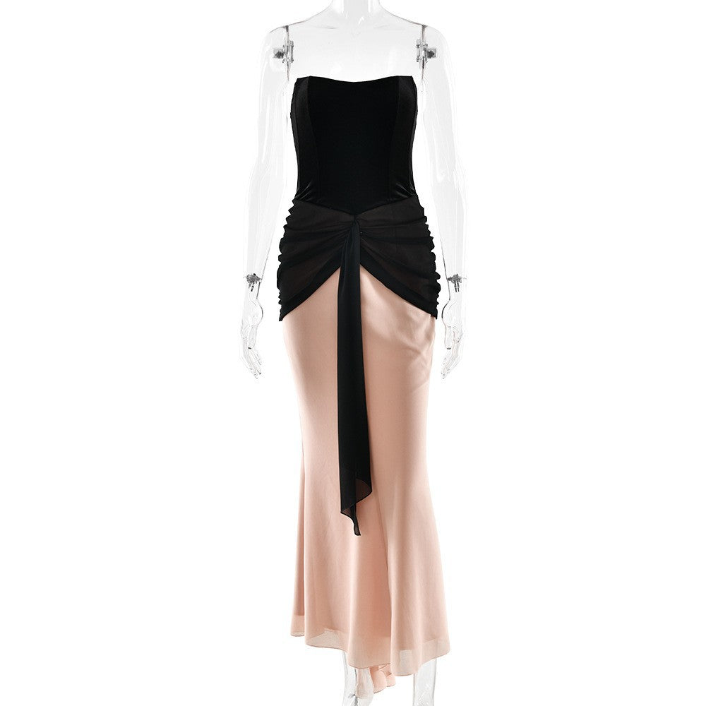 Plissiertes Band, figurbetontes Kleid mit hoher Taille, sexy Wickelbrust, tailliertes Kleid mit Farbkontrast und Patchwork