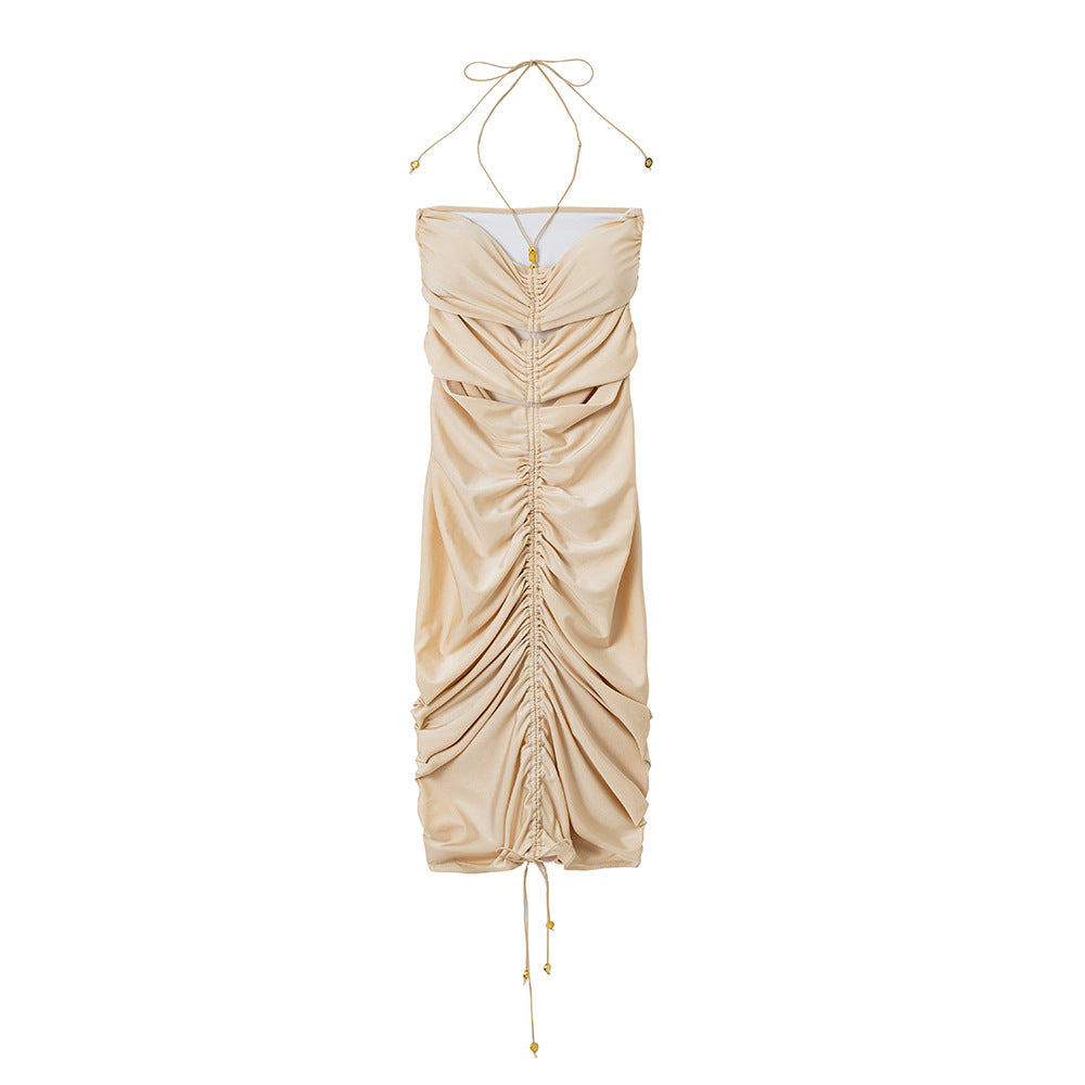 Leichtes Nylon, einfarbig, Kordelzug, drapiertes Kleid, sexy, eng anliegendes Kleid