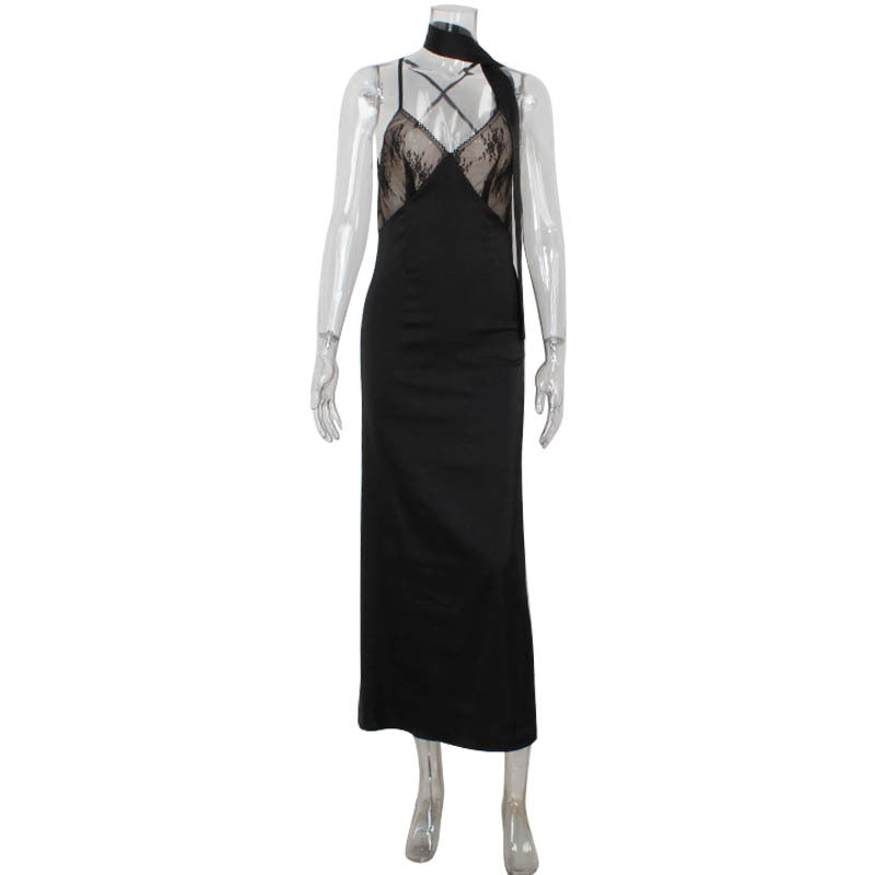 Robe longue séduisante en dentelle transparente, dos nu, décolleté en V, avec foulard