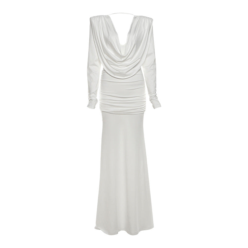 Robe longue plissée à manches longues unie, col décontracté, dos nu, coupe ajustée, pour femme, collection automne