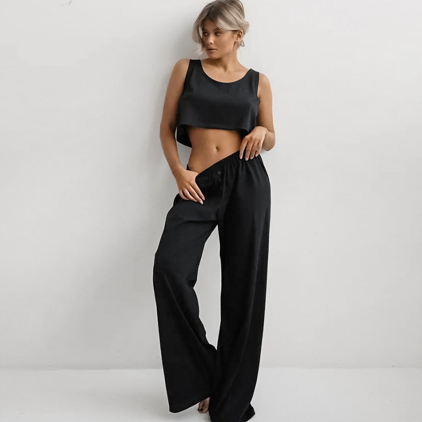 Ensemble deux pièces sans manches gilet et pantalon tricoté émerisé pour femme, collection Printemps-Été