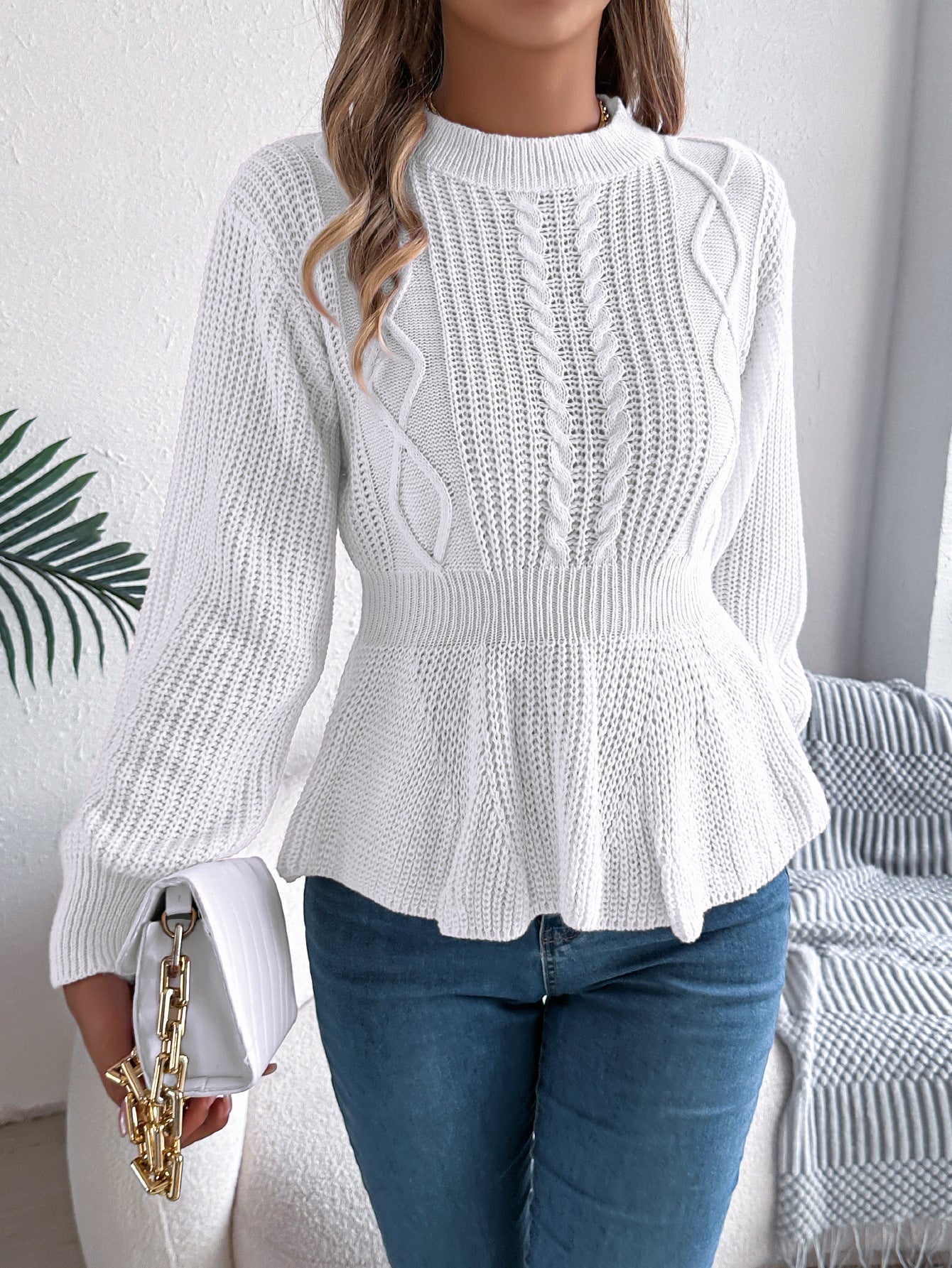 Automne Hiver Couleur Unie Torsadé Taille Ajustée Volants Manches Longues Pull Femme
