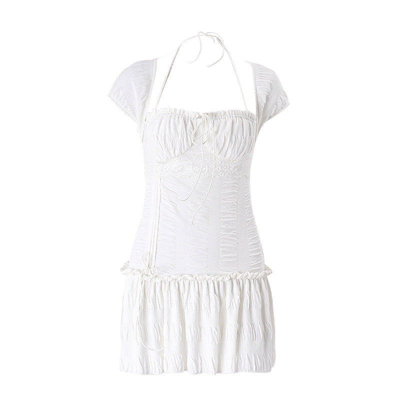 Sommerliches, sexy französisches Kleid mit tiefem, eckigem Ausschnitt, Neckholder, Schnürdesign und kurzen Ärmeln, plissiertes Kleid für Damen