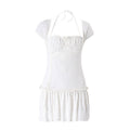 Sommerliches, sexy französisches Kleid mit tiefem, eckigem Ausschnitt, Neckholder, Schnürdesign und kurzen Ärmeln, plissiertes Kleid für Damen