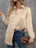 Elegantes Satin Langarmhemd Frühling Sommer Unifarbene Locker Sitze Kunstseidenbluse Langarm-Satin-Oberteil