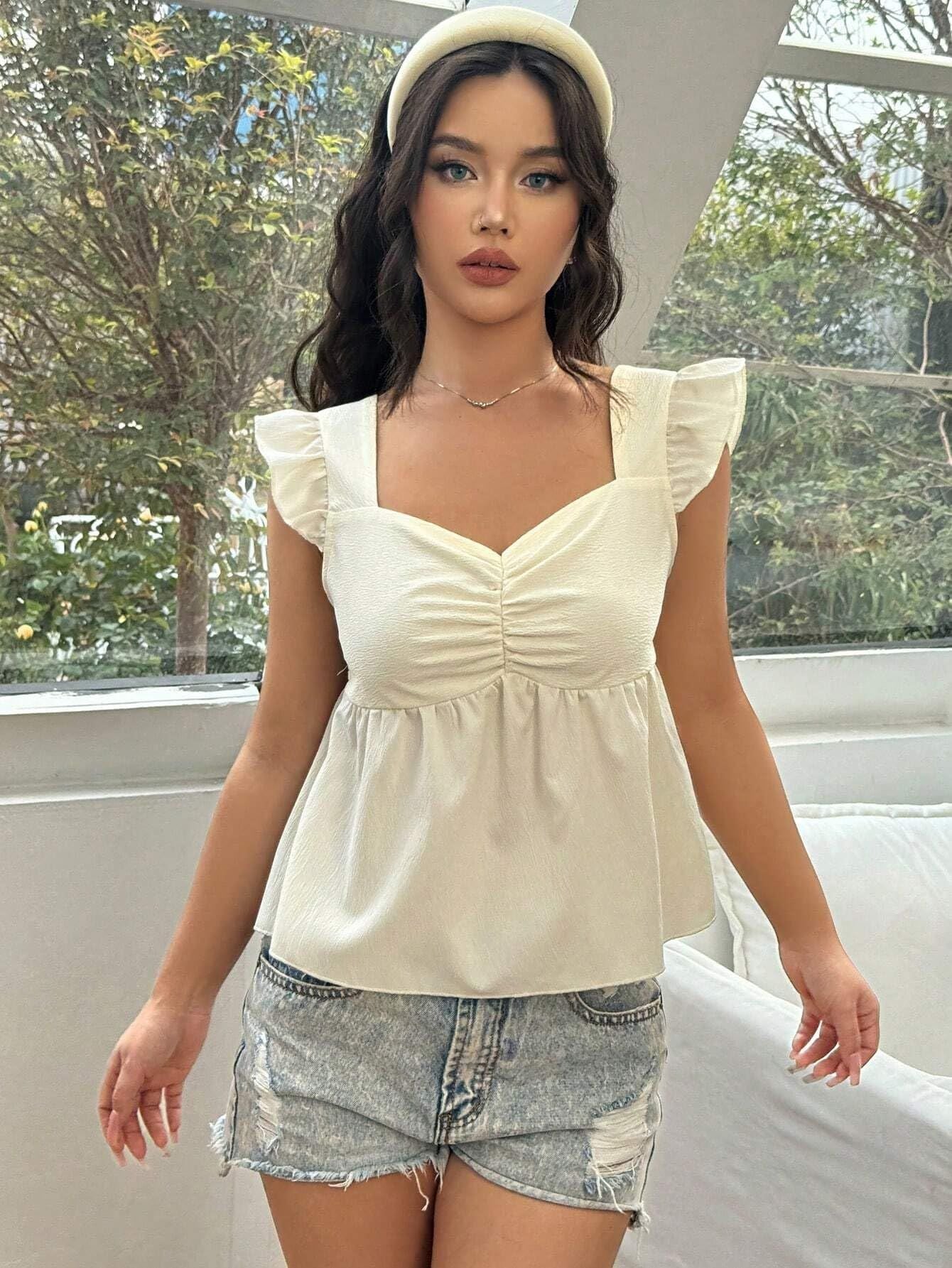Sexy Rüschen Kurzarm Bluse mit Volants, Hochwertiges Schlankmachendes Exquisites schulterfreies Oberteil mit eckigem Ausschnitt, Lockeres Französisches Top