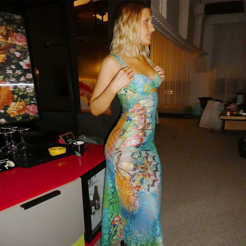 Damen Street-Hipster Sexy Hip Sommer Spaghetti-Träger Spitze Print Ärmelloses Rückenfreies Kleid