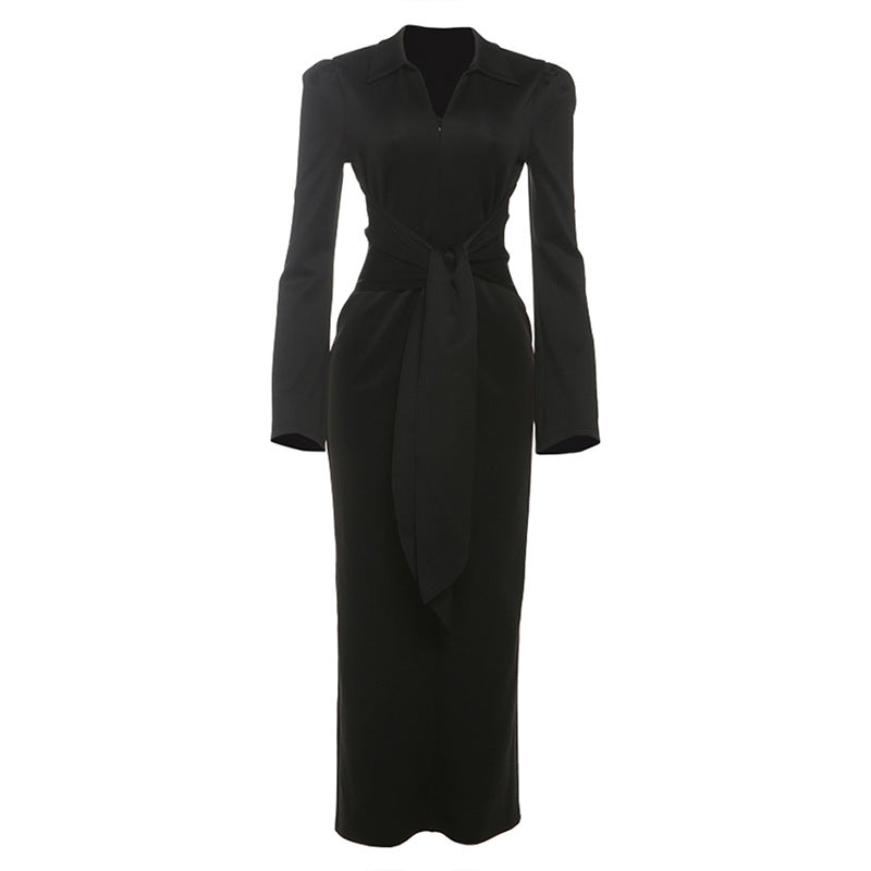 Damen Herbstkleid Einfarbig Kragen Eng Anliegend Schlank Lange Ärmel Reißverschluss Zum Schnüren