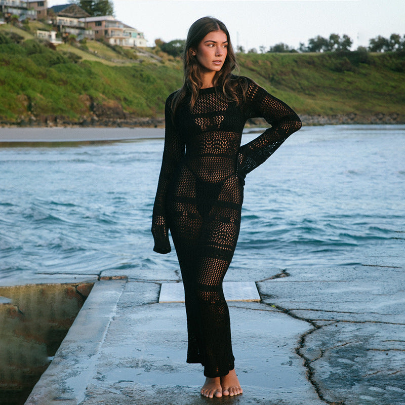 Robe tricotée ajourée sexy, cache-maillot de plage, chemisier de maillot de bain bikini de couleur unie, crochet