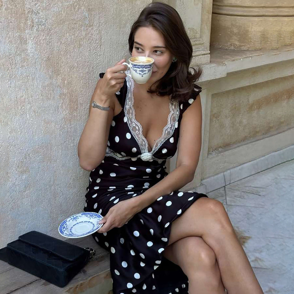 Vêtements pour femmes Automne Élégance Rétro Col en V Coupe ajustée Sexy Robe dos nu en dentelle à pois Femmes