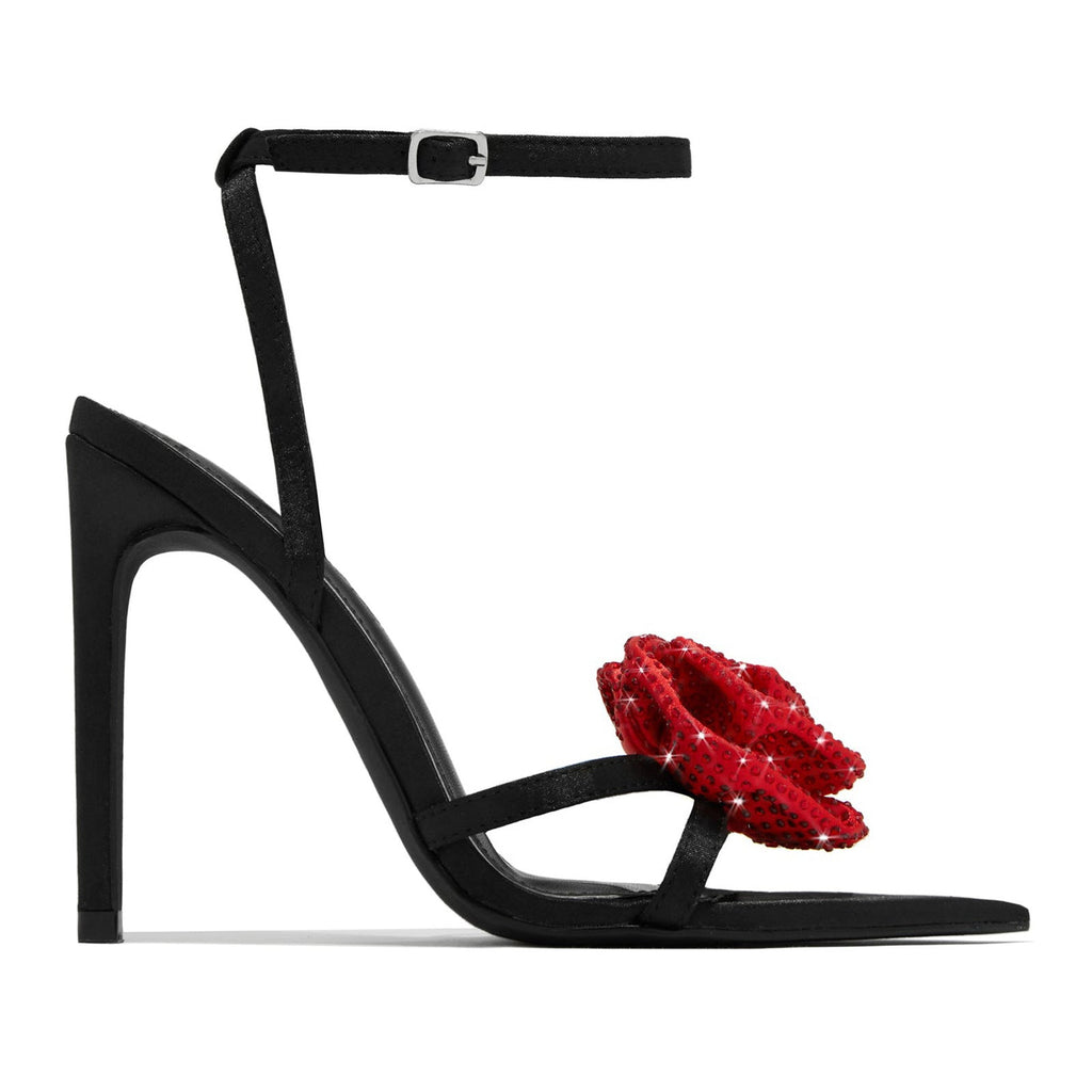 Sandales à talons hauts pour femme, talons noirs, 11 cm, talon aiguille, bout pointu, surface satinée, motif floral en strass