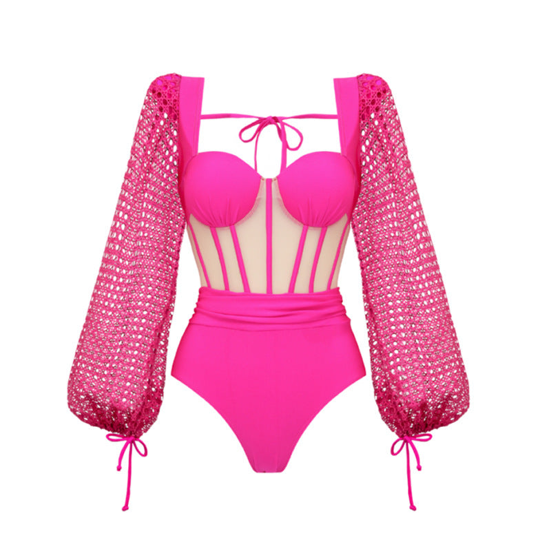 Maillot de Bain Deux Pièces Femme Manches Longues Découpes Évidées Taille Haute Bikini
