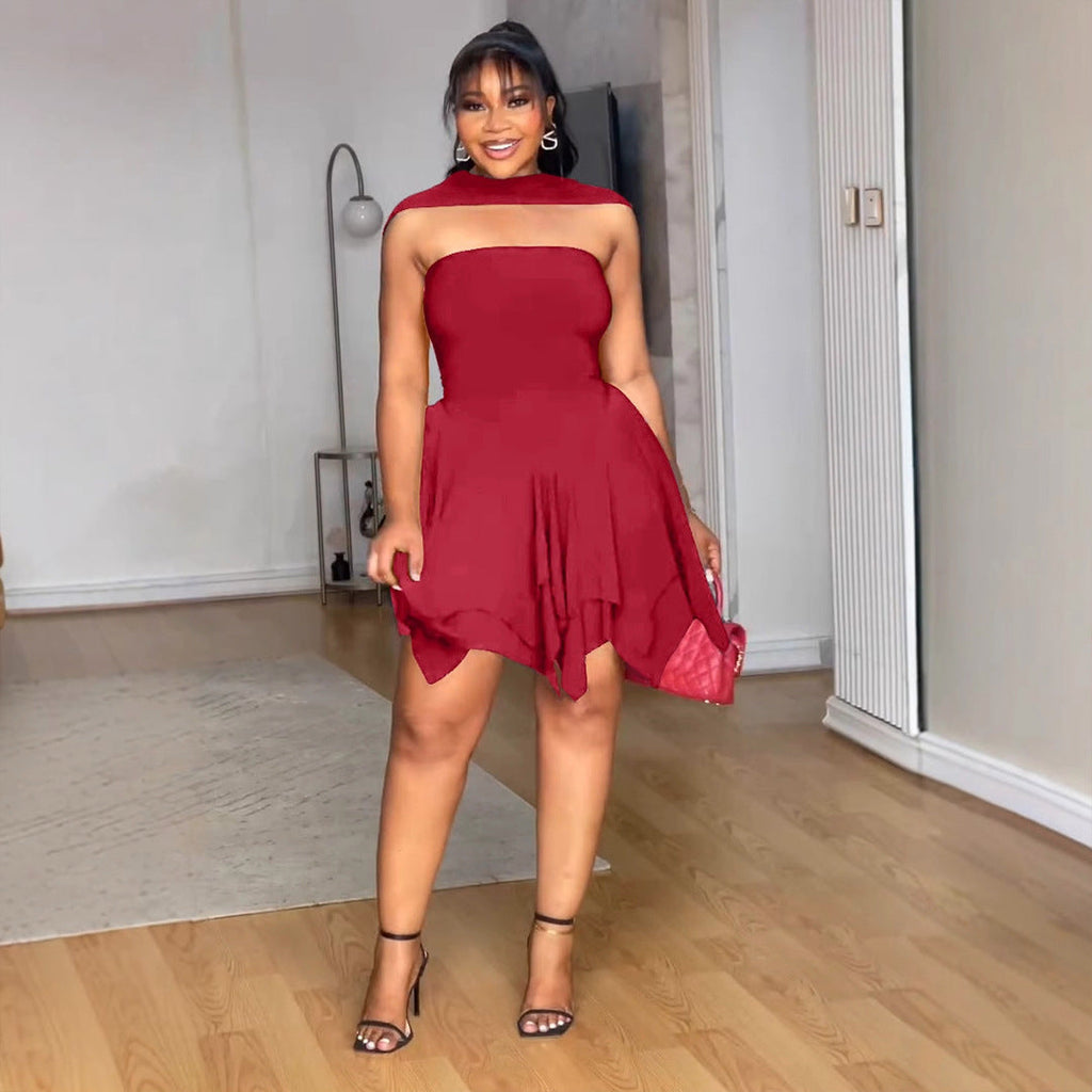Robe Élastique Femme Élégante, Tube Top à Double Couche et Taille Irrégulière Asymétrique