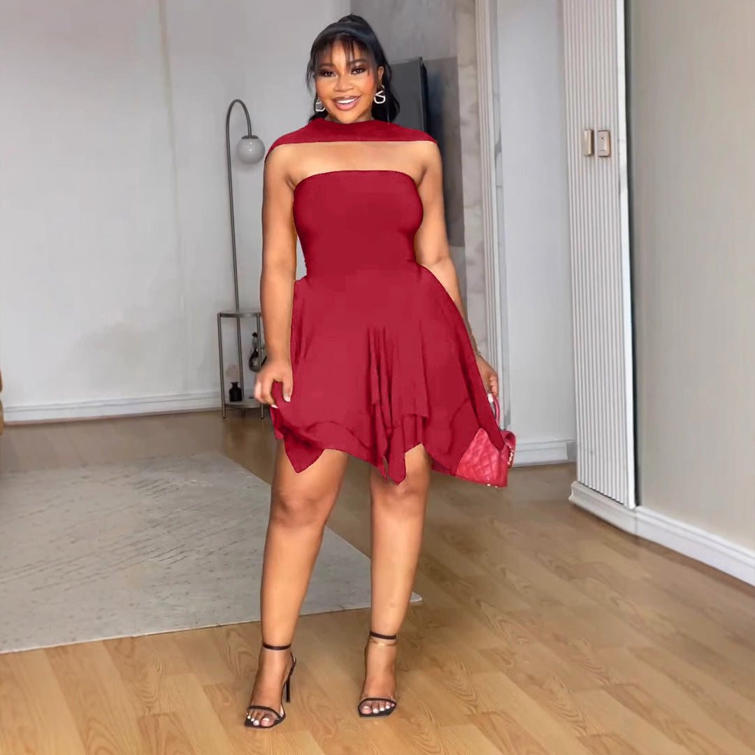 Robe Élastique Femme Élégante, Tube Top à Double Couche et Taille Irrégulière Asymétrique